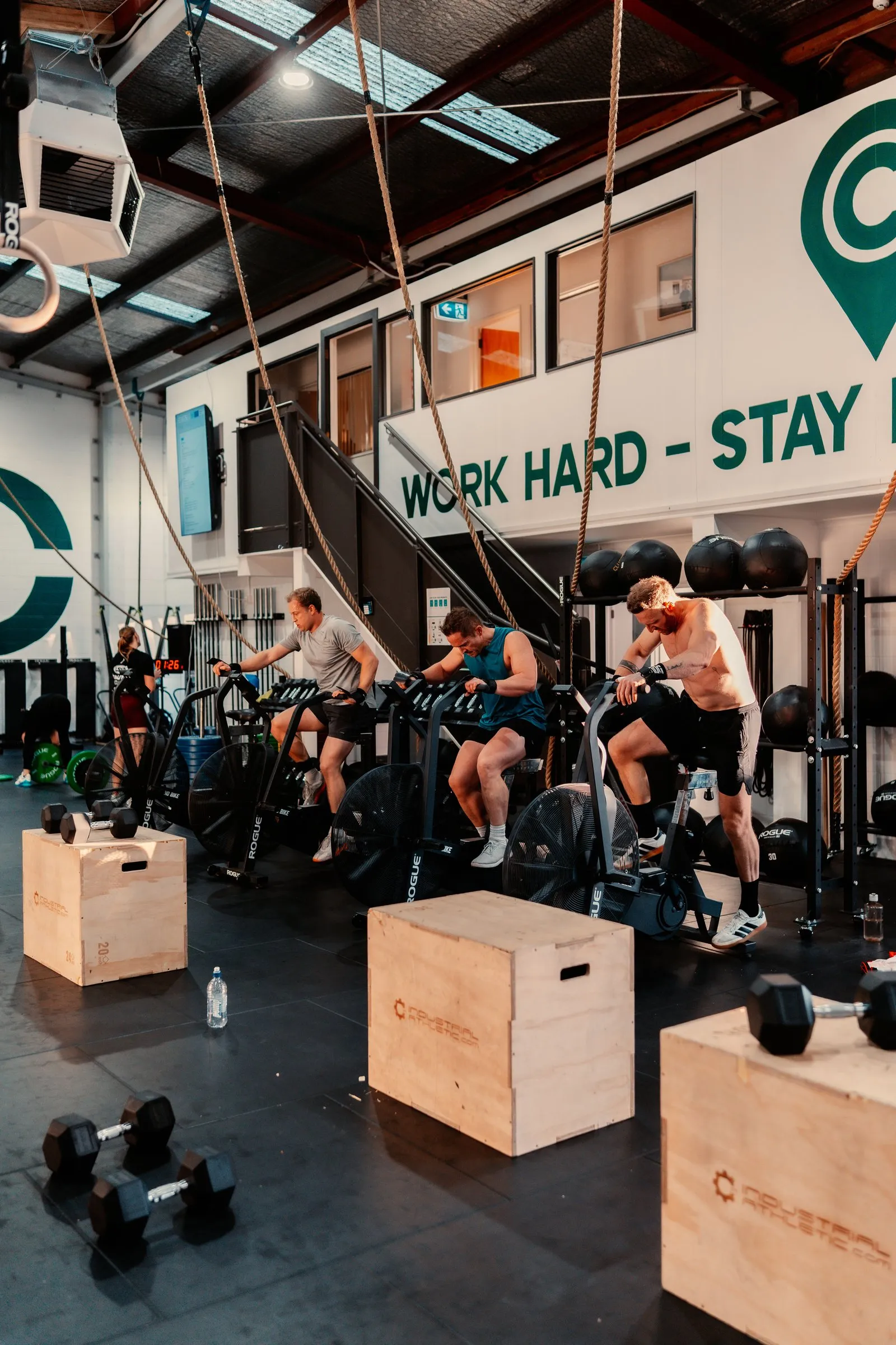 The HIT class on the bikes — conditioning work, all-out.